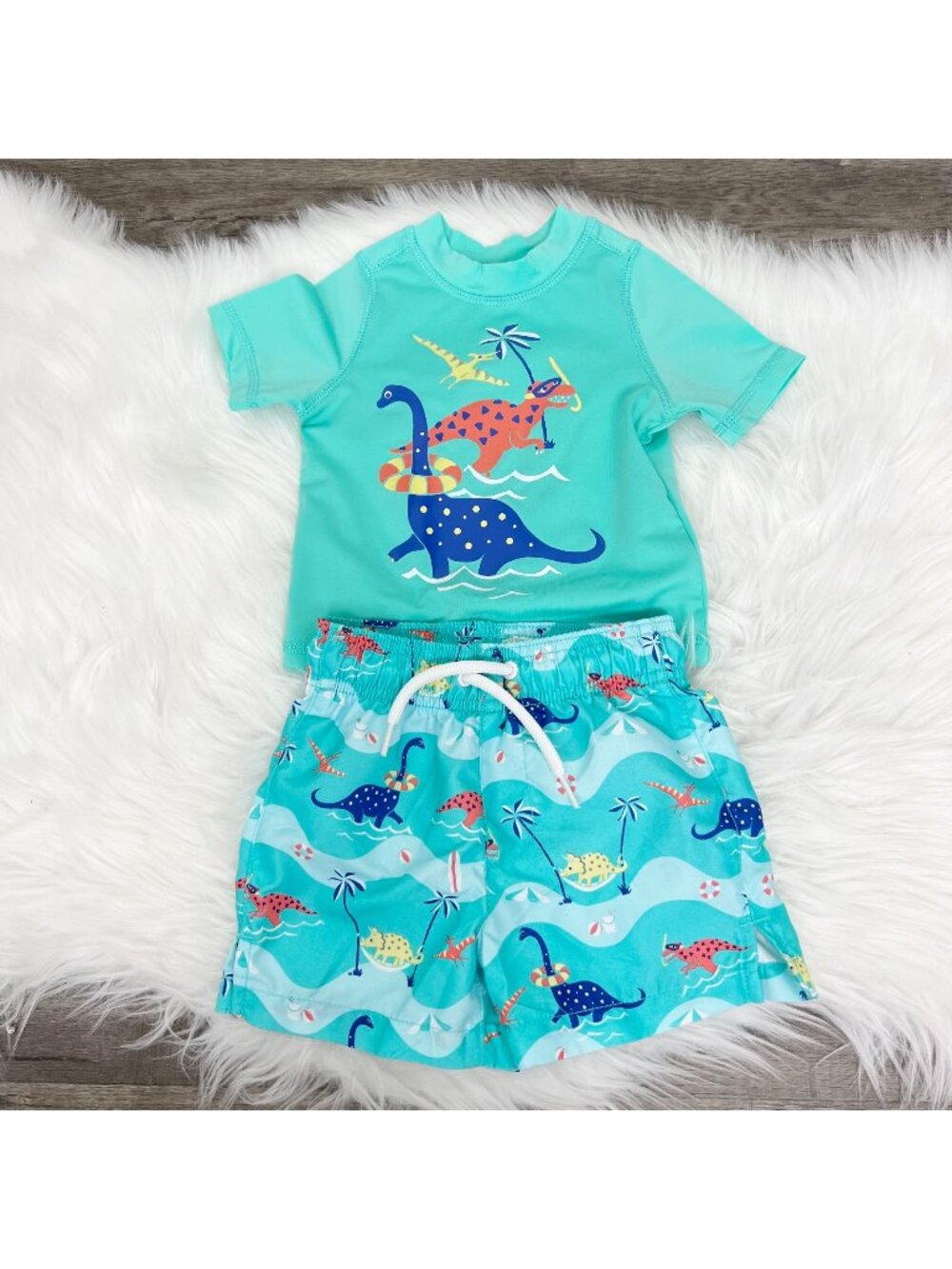 Childrens Place Sport 9-12M Dino Dinosaur Rashguard Swim Trunks Set Outfit